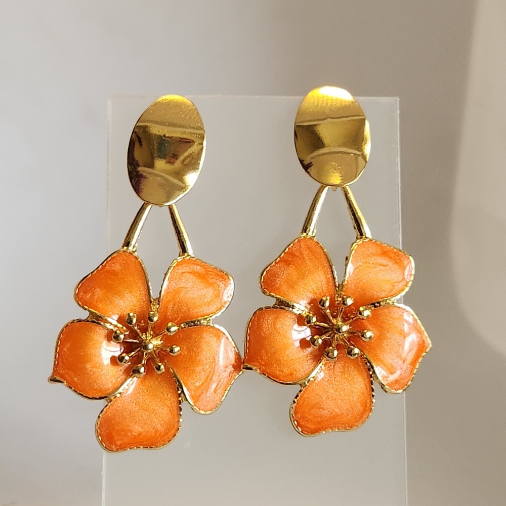 Orange Enamel Flower Drop Earrings Gold‎ Tone Tropical Hibiscus Floral Dangle